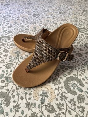 Aetrex Brown Woven Thong Wedge Sandal with Buckle
